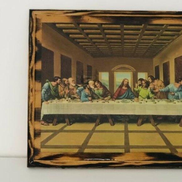 VTG Last Supper Da Vinci Decoupage Religious Wall Hanging Burnt Wood 11" x 9.5" - Picture 2 of 11